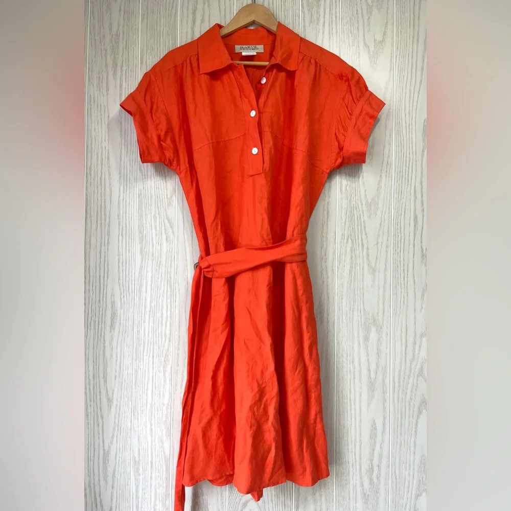 Harve Bernard Orange Linen Blend Midi Shirt Dress Button Front Women's Size 10